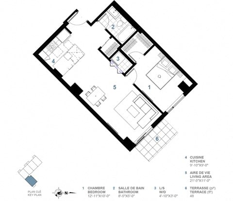 Floor plan for 1 bed, 1 bath, 563 sqft